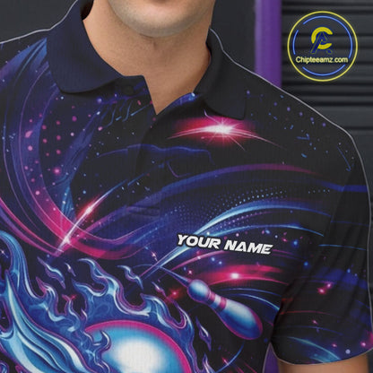 Custom Galaxy Flame Skull Bowling Team Men Polo Shirt, Bowling Tournament Outfit IPHW10296