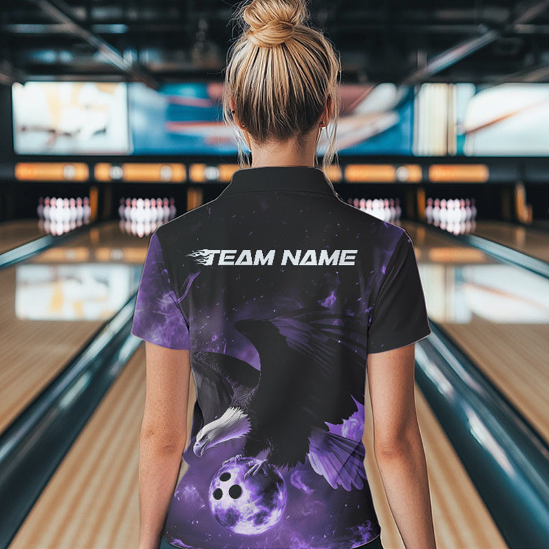 Custom Purple Flame Eagle Bowling Polo Shirts For Women, Ealge Bowling Team Shirt With Name IPHW8448
