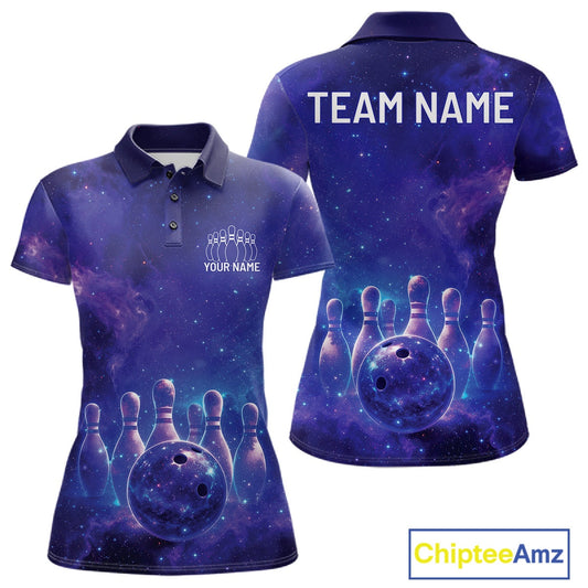 Custom Purple And Blue Galaxy Bowling Team Shirts For Women, Sparkling Sky Bowling Jerseys IPHW10530