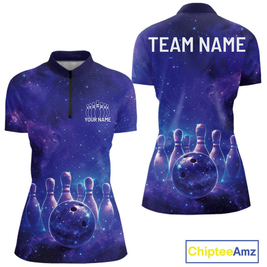Custom Purple And Blue Galaxy Bowling Shirts For Women, Sparkling Sky Bowling Jerseys IPHW10530