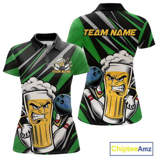 Custom Funny Green Bowling Jerseys Bowling And Beer Women Polo Shirts, Bowling Jerseys IPHW10534