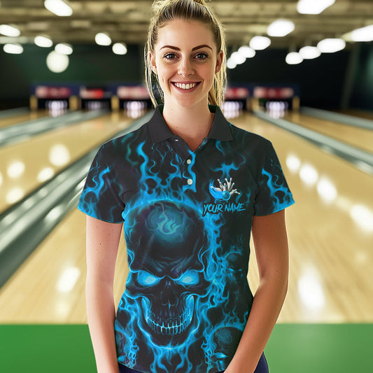 Custom Bowling Womens Polo Shirts, Blue Flame Skull Team Bowling Jerseys Halloween Outfits IPHW8684