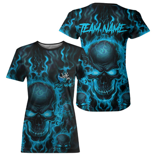 Custom Bowling T-Shirts For Women, Blue Flame Skull Team Bowling Jerseys Halloween Outfits IPHW8684