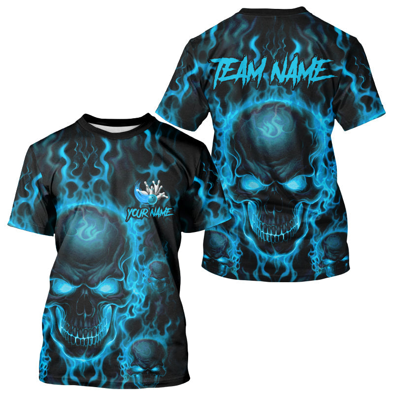 Custom Bowling T-Shirts For Men, Blue Flame Skull Team Bowling Jerseys Halloween Outfits IPHW8684