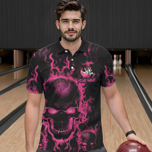 Custom Bowling Polo Shirts For Men, Pink Flame Skull Team Bowling Jerseys Halloween Outfits IPHW8685