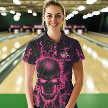 Load image into Gallery viewer, Custom Bowling Womens Polo Shirts, Pink Flame Skull Team Bowling Jerseys Halloween Outfits IPHW8685