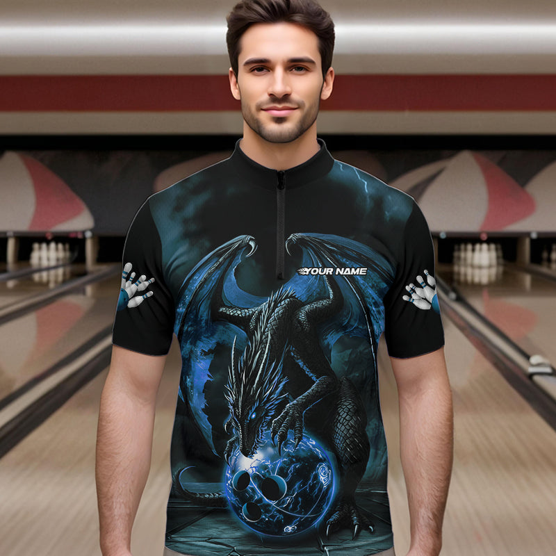 Black And Blue Custom Bowling Team Quarter-Zip Shirts For Men, Dragon Bowling League Shirts IPHW8690