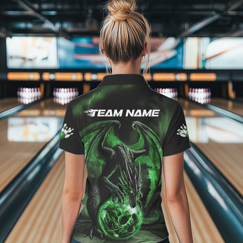 Black And Green Custom Bowling Team Polo Shirts For Women, Dragon Bowling League Shirts IPHW8691