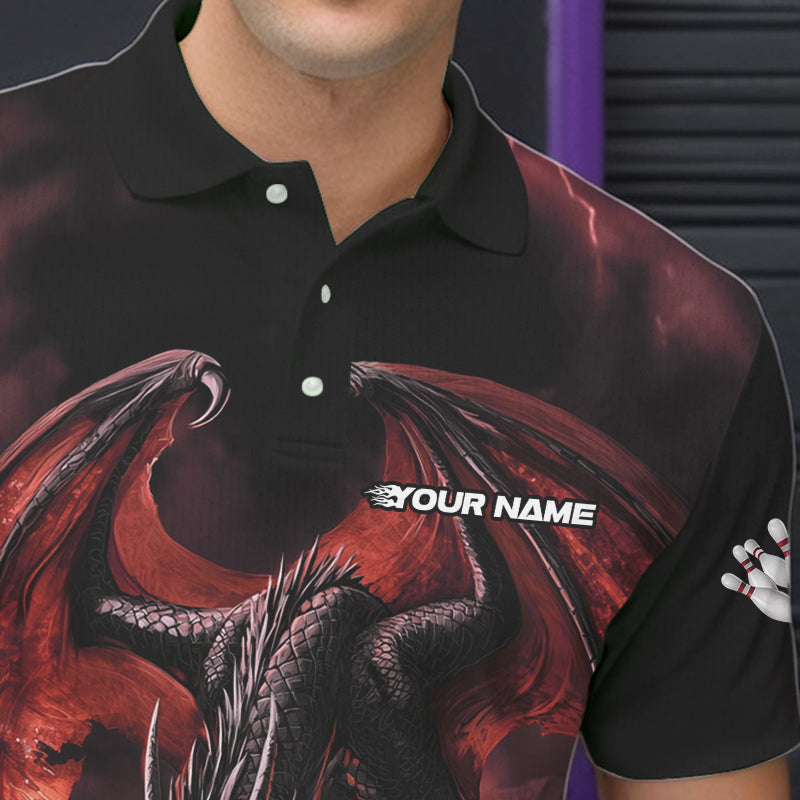 Black And Orange Custom Bowling Team Polo Shirts For Men, Dragon Bowling League Shirts IPHW8692