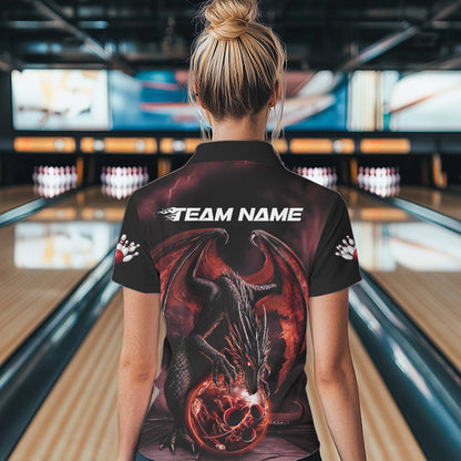 Black And Orange Custom Bowling Team Polo Shirts For Women, Dragon Bowling League Shirts IPHW8692