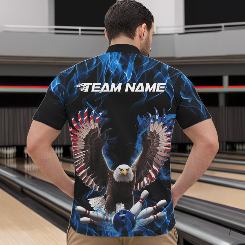 Personalized Blue Flame US Eagle Bowling Men Quarter-Zip Shirts, Patriotic Bowling League Shirt IPHW8935
