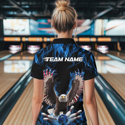Personalized Blue Flame US Eagle Bowling Women Quarter-Zip Shirts, Patriotic Bowling Shirt IPHW8935