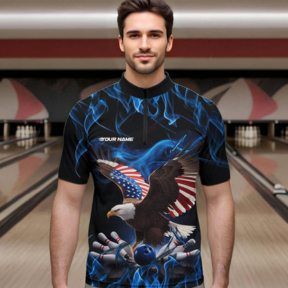 Custom Blue Flame US Eagle Bowling Men Quarter-Zip Shirts, American Patriotic Bowling League Shirt IPHW8936
