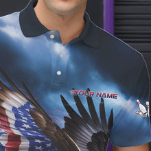 Load image into Gallery viewer, Custom Blue Lightning Patrotic Eagle Bowling Men Polo Shirt, US Flag Bowling Team Shirt IPHW8938