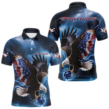 Load image into Gallery viewer, Custom Blue Lightning Patrotic Eagle Bowling Men Polo Shirt, US Flag Bowling Team Shirt IPHW8938