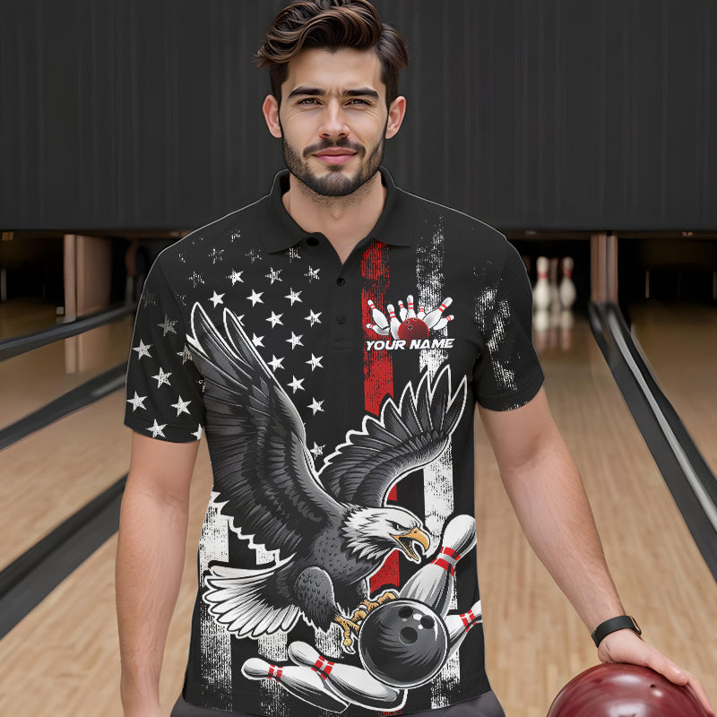 Custom Red Line American Flag Eagle Bowling Men Polo Shirt, Patriotic US Bowling Shirt IPHW8939