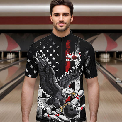 Custom Red Line American Flag Eagle Bowling Men Quarter-Zip Shirt, Patriotic US Bowling Shirt IPHW8939