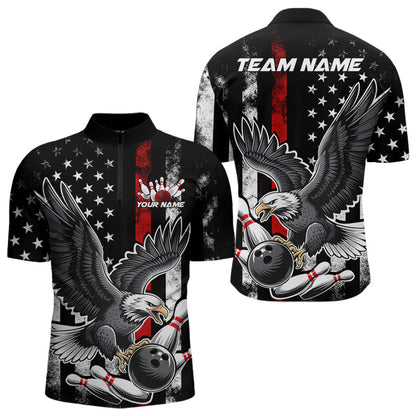 Custom Red Line American Flag Eagle Bowling Men Quarter-Zip Shirt, Patriotic US Bowling Shirt IPHW8939