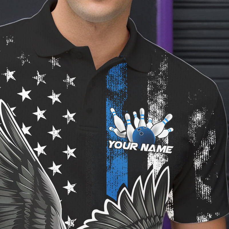 Custom Blue Line American Flag Eagle Bowling Men Polo Shirt, Patriotic US Bowling Shirt IPHW8941