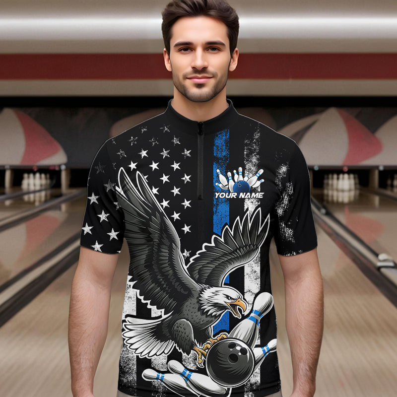 Custom Blue Line American Flag Eagle Bowling Men Quarter-Zip Shirt, Patriotic US Bowling Shirt IPHW8941