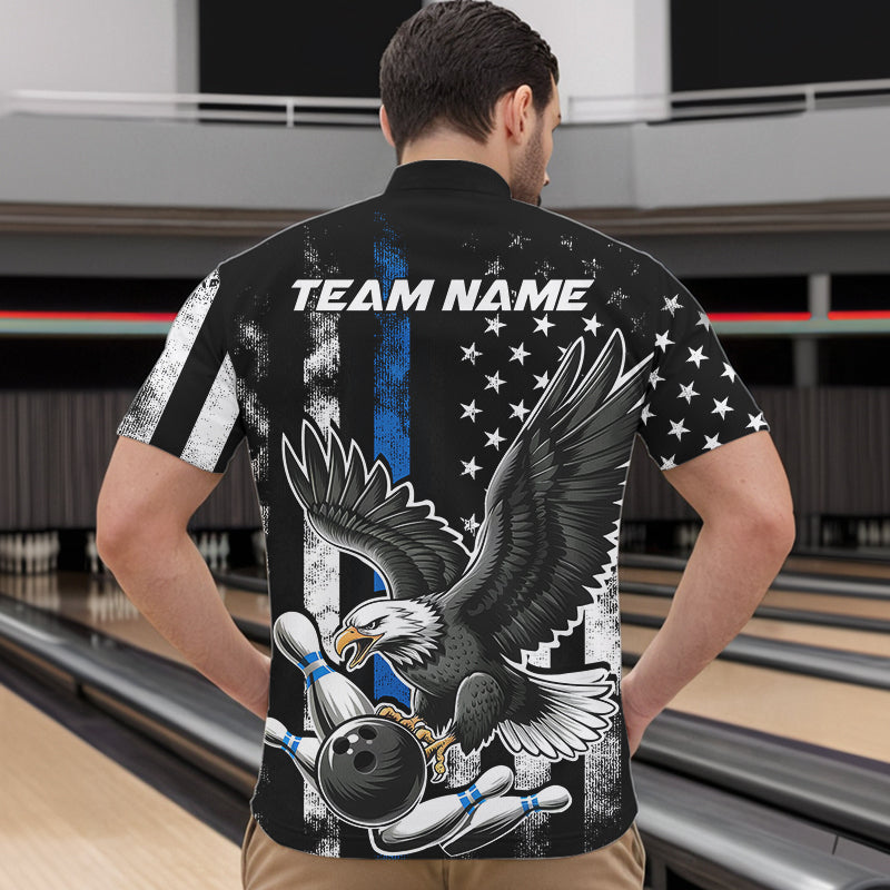 Custom Blue Line American Flag Eagle Bowling Men Quarter-Zip Shirt, Patriotic US Bowling Shirt IPHW8941