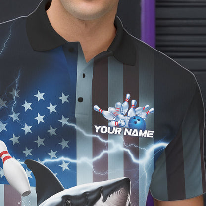 Custom American Flag Shark Bowling Men Polo Shirt, Patriotic Shark Bowling Jerseys IPHW8944