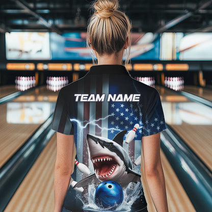 Custom American Flag Shark Bowling Women Quarter-Zip Shirt, Patriotic Shark Bowling Jerseys IPHW8944