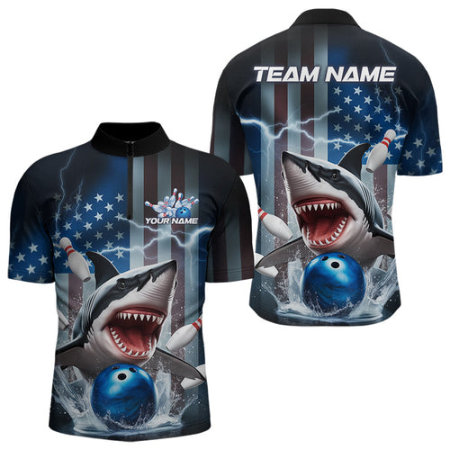 Custom American Flag Shark Bowling Men Quarter-Zip Shirt, Patriotic Shark Bowling Jerseys IPHW8944