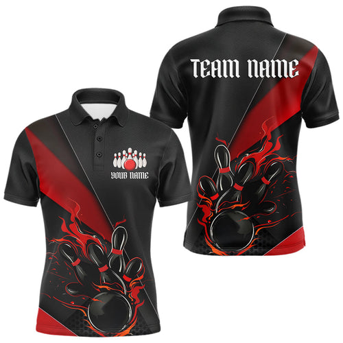 Custom Black And Red Flame Duckpin Bowling Team Men Polo Shirts, Duckpin Tournament Outfit IPHW8945