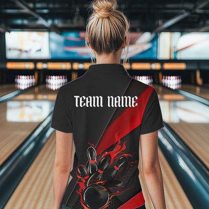 Custom Black And Red Flame Duckpin Bowling Women Quarter-Zip Shirts, Tournament Outfit IPHW8945
