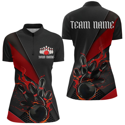 Custom Black And Red Flame Duckpin Bowling Women Quarter-Zip Shirts, Tournament Outfit IPHW8945