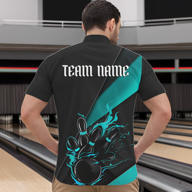 Custom Black And Blue Flame Duckpin Bowling Team Men Quarter-Zip Shirts, Duckpin Tournament Outfit IPHW8946