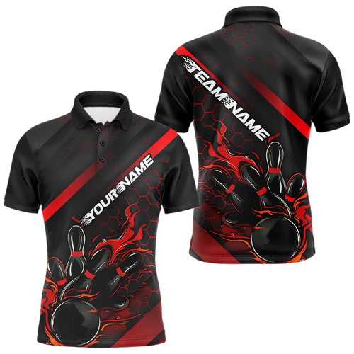 Custom Black And Red Flame Duckpin Bowling Polo Shirts For Men, Bowling Team League Shirt IPHW8947