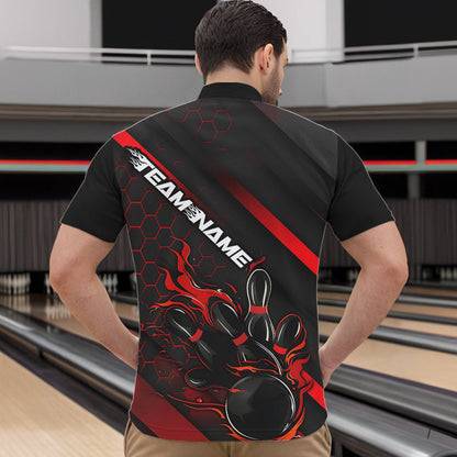 Custom Black And Red Flame Duckpin Bowling Quarter-Zip Shirts For Men, Bowling Team League Shirt IPHW8947