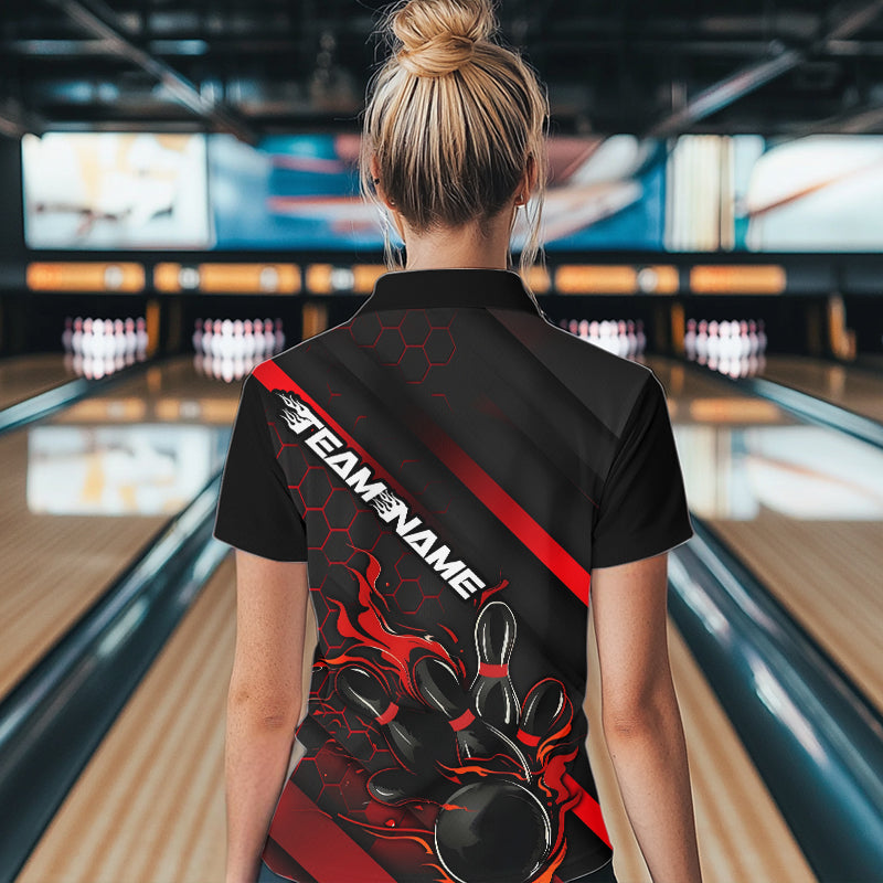 Custom Black And Red Flame Duckpin Bowling Women Quarter-Zip Shirts, Bowling League Shirt IPHW8947
