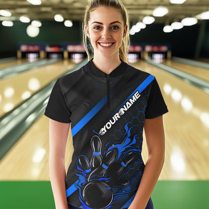 Custom Black And Blue Flame Duckpin Bowling Women Quarter-Zip Shirts, Bowling League Shirt IPHW8949