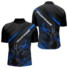 Load image into Gallery viewer, Custom Black And Blue Flame Duckpin Bowling Quarter-Zip Shirts For Men, Bowling Team League Shirt IPHW8949