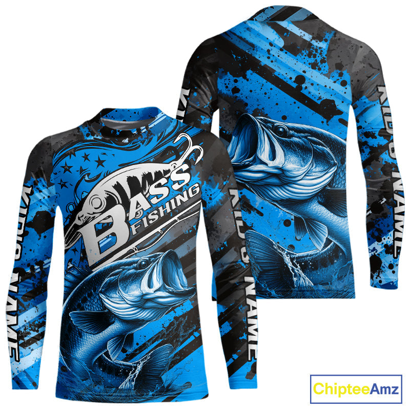 Custom Name Blue Camo Bass Fishing Jerseys, Largemouth Bass Kid Long Sleeve Fishing Shirt IPHW9186