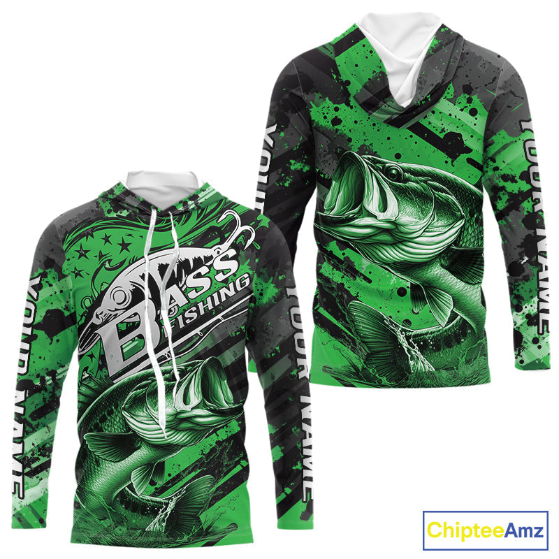 Custom Name Green Camo Bass Fishing Jerseys, Largemouth Bass Long Sleeve Hooded Fishing Shirt IPHW9188