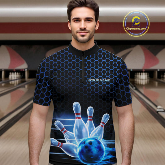Custom Black And Blue Hexagon Flame Bowling Quarter-Zip Shirts For Men, Bowling Team Shirt IPHW9389