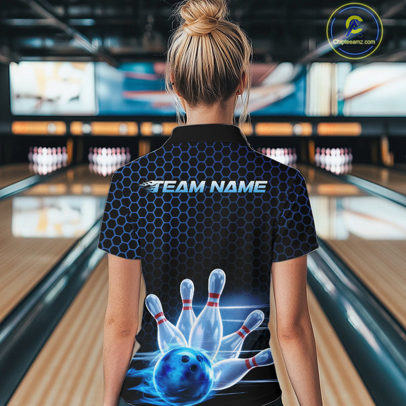 Custom Black And Blue Hexagon Flame Bowling Women Quarter-Zip Shirts, Bowling Team Shirt IPHW9389