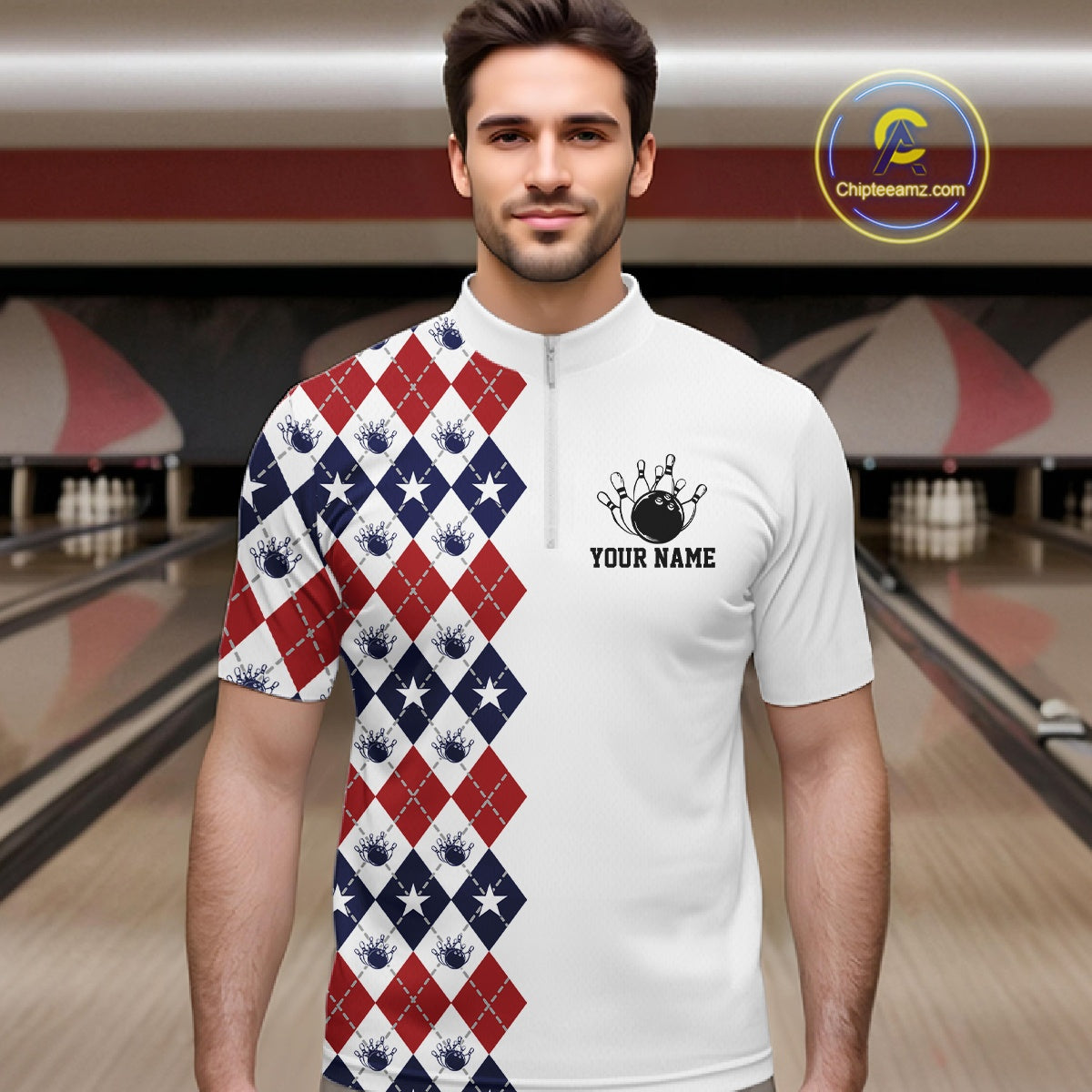 Custom Patriotic Argyle Pattern Bowling Team Men Quarter Zip Shirt, Retro Bowling Shirt IPHW11665