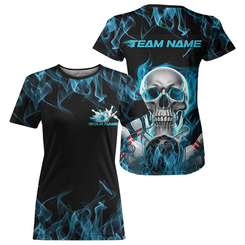 Custom Blue Flame Skull Bowling T-Shirts For Women, Halloween Bowling Tournament IPHW8221