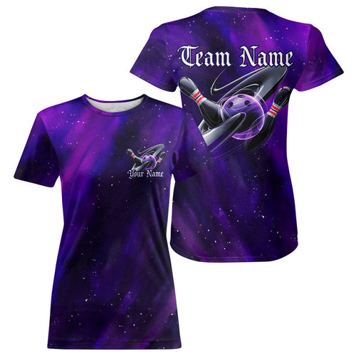 Custom Purple Galaxy Bowling T-Shirts For Women, Team Bowling League With Name IPHW8234