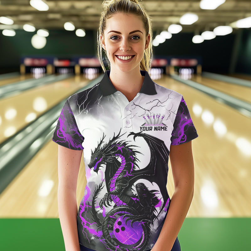 Black And Purple Thunder Lightning Custom Dragon Bowling Women Polo Shirts, Bowling Uniform IPHW8695