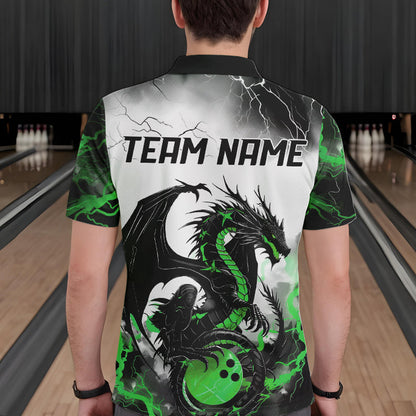 Black And Green Thunder Lightning Custom Dragon Bowling Men Polo Shirts, Bowling Uniform IPHW8696