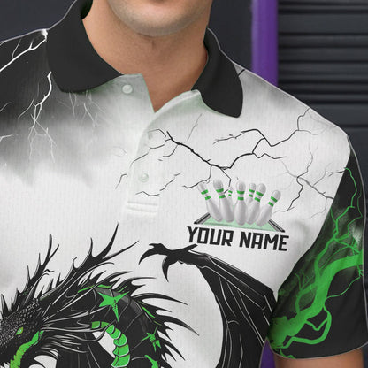 Black And Green Thunder Lightning Custom Dragon Bowling Men Polo Shirts, Bowling Uniform IPHW8696