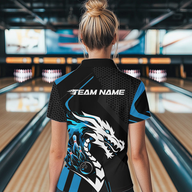 Custom Black And Blue Dragon Bowling Jerseys, Team Women Quarter-Zip Shirts Bowlers Outfit IPHW8700