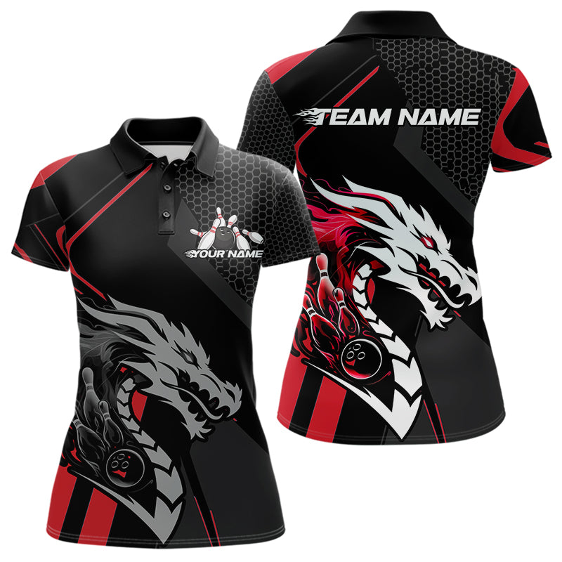 Custom Black And Red Dragon Bowling Jerseys, Bowling Team Women Polo Shirts Bowlers Outfit IPHW8701