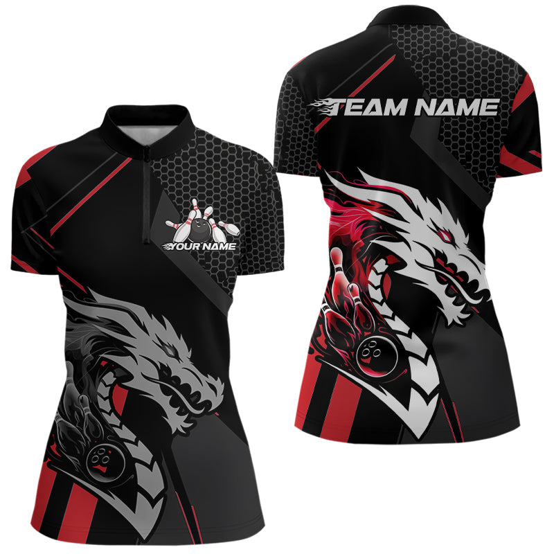 Custom Black And Red Dragon Bowling Jerseys, Bowling Team Women Quarter-Zip Shirts IPHW8701